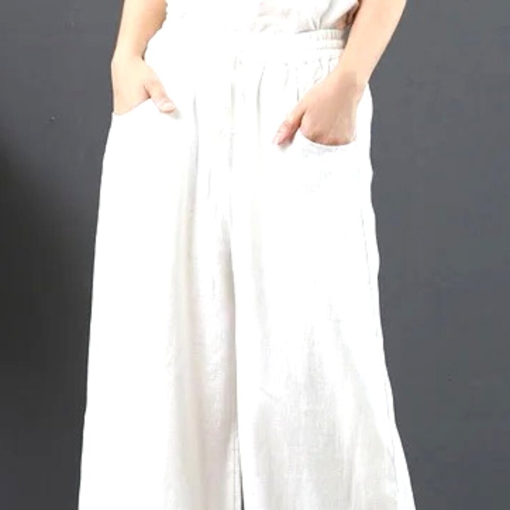 WHITE LINEN AND COTTON ELASTICE DRAW STRING FULL PANT LEG GAUZY TRAUZER